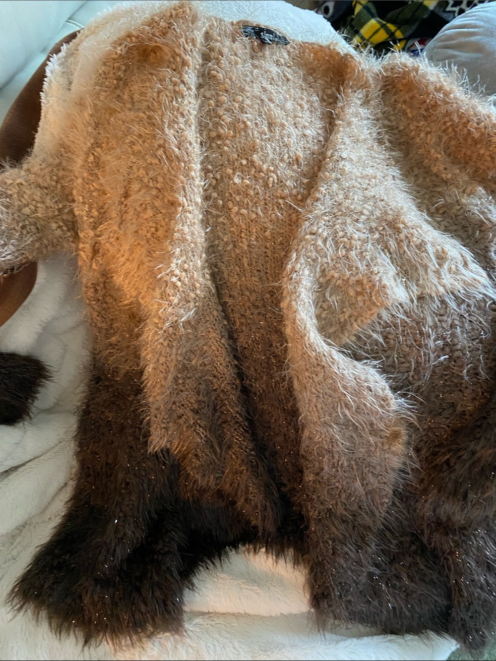 Sioni Ombre Fuzzy Open-Front Cardigan in Beige and Brown